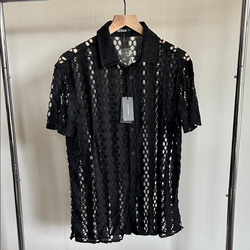 Men's Black Mesh Button Down Shirt